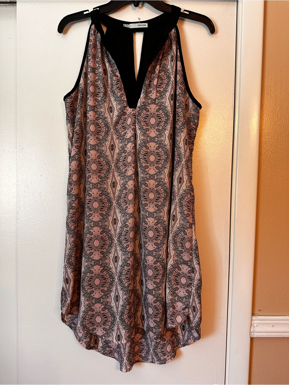 Maurices Pink Patterned High-Low Dress with Black Trim